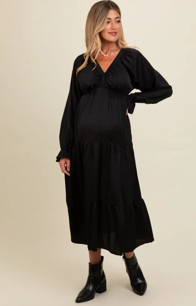 Black Satin V-Neck Tiered Maternity Maxi Dress