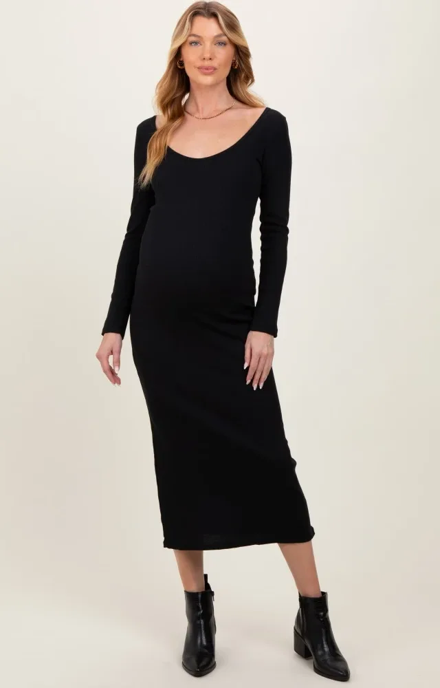 Black Scoop Neck Long Sleeve Maternity Midi Dress