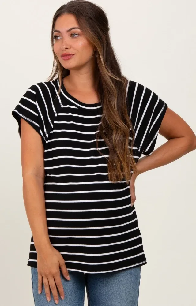 Black Stripe Ribbed Short Sleeve Maternity Tunic Top