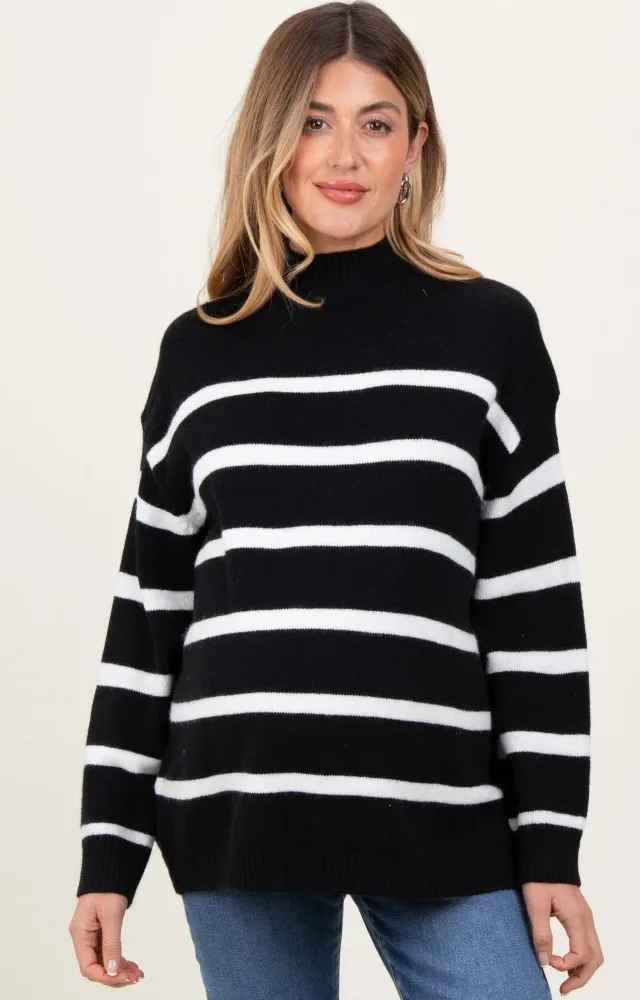 Black Striped Oversized Mock Neck Maternity Sweater