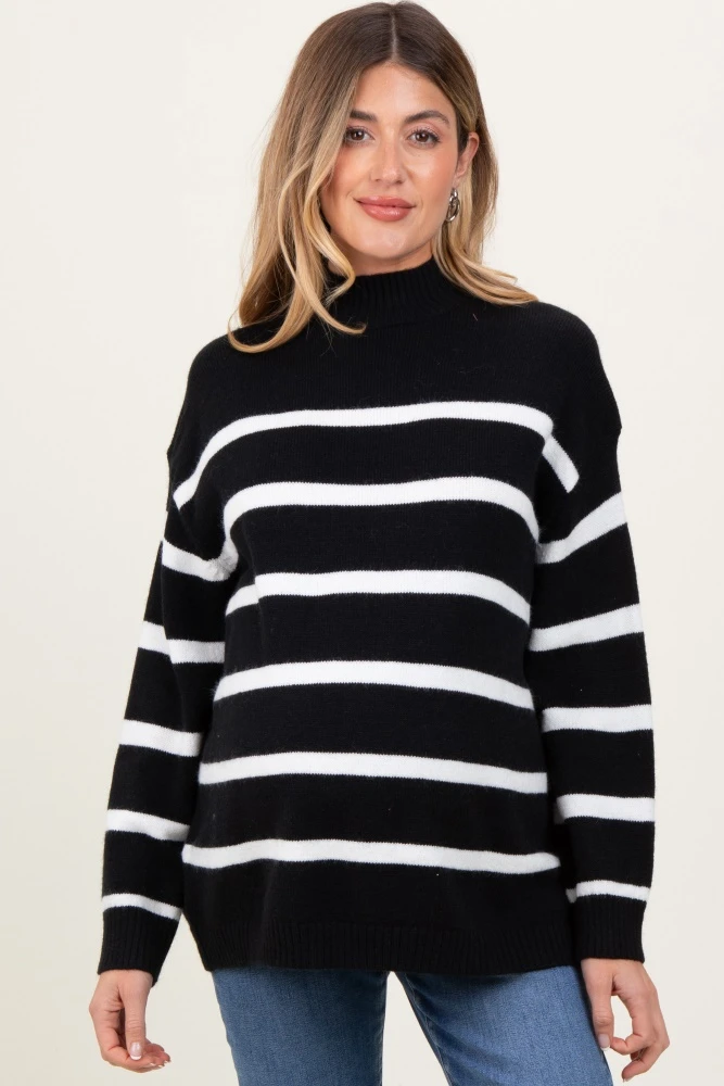 Black Striped Oversized Mock Neck Maternity Sweater
