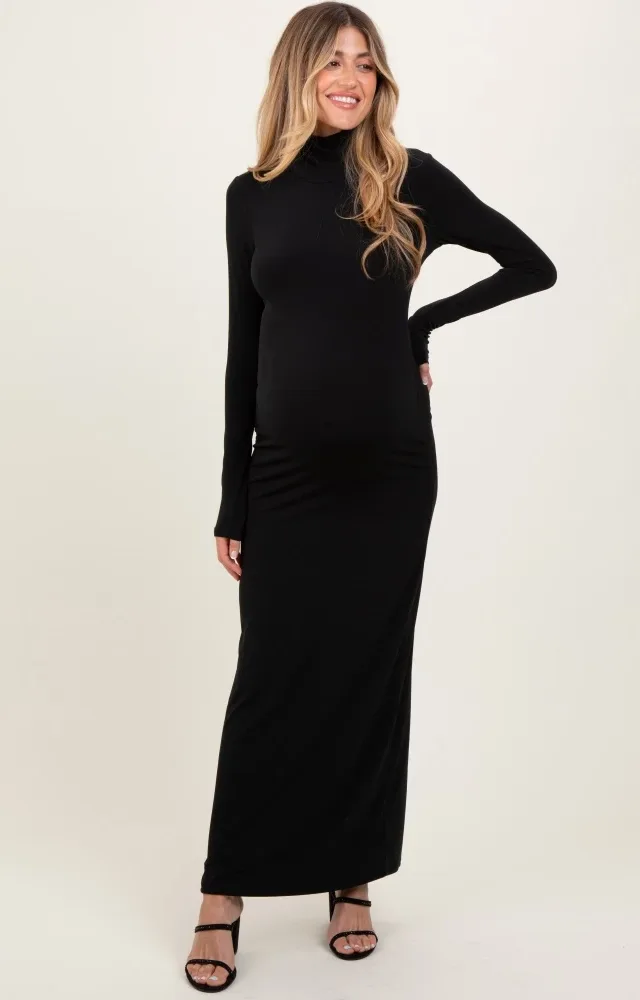 Black Turtleneck Long Sleeve Fitted Maternity Maxi Dress