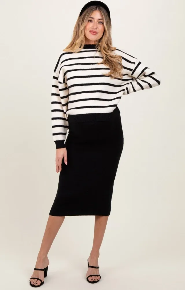 Black White Combo Stripe Sweater Top With Solid Skirt Maternity Sweater Set