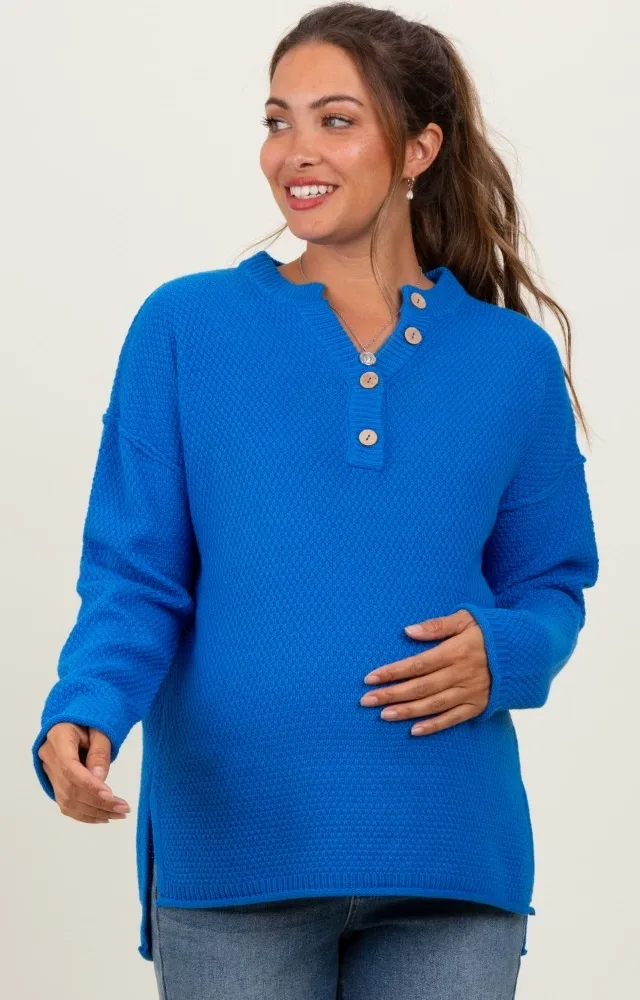 Blue Diamond Knit Button Detail Maternity Sweater