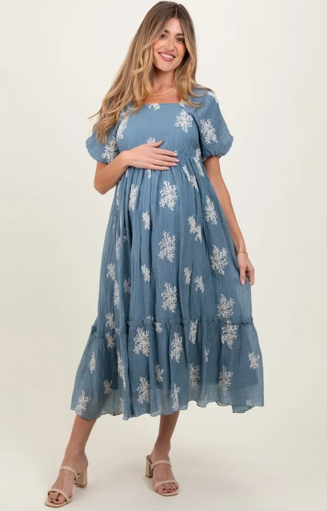 Blue Floral Print Ruffle Hem Maternity Midi Dress