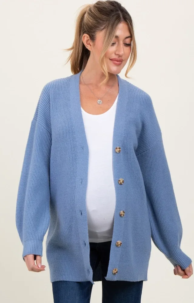 Blue Knit Oversized Button Down V-Neck Maternity Cardigan