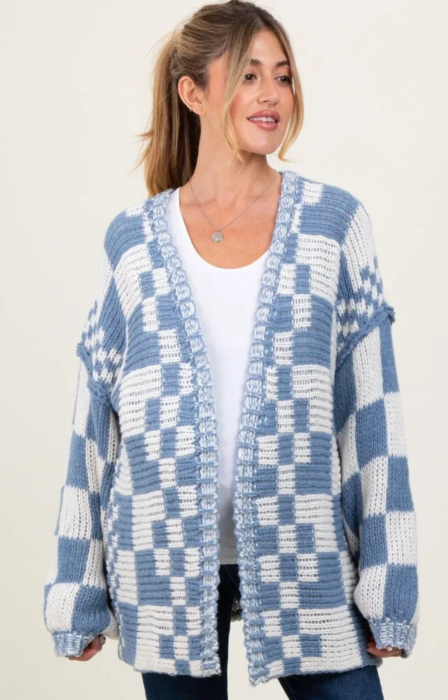 Blue Mixed Check Pattern Chunky Maternity Cardigan