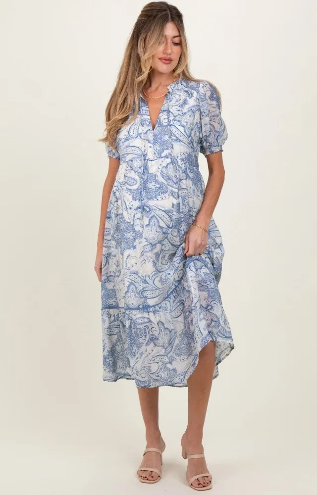 Blue Paisley Front Tie Ruffle Trim Maternity Midi Dress