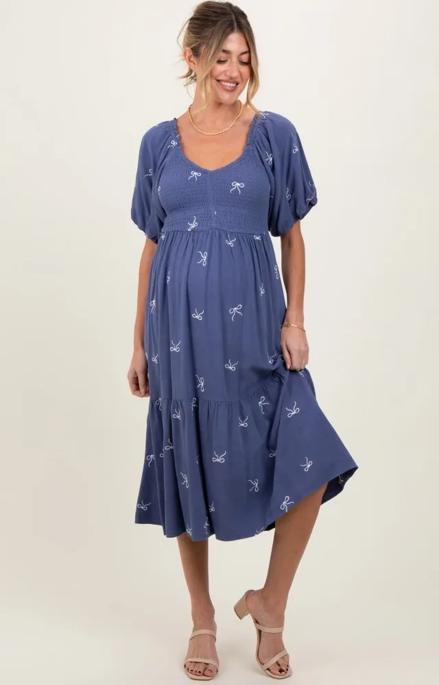 Blue Ribbon Print Smocked Maternity Midi Dress