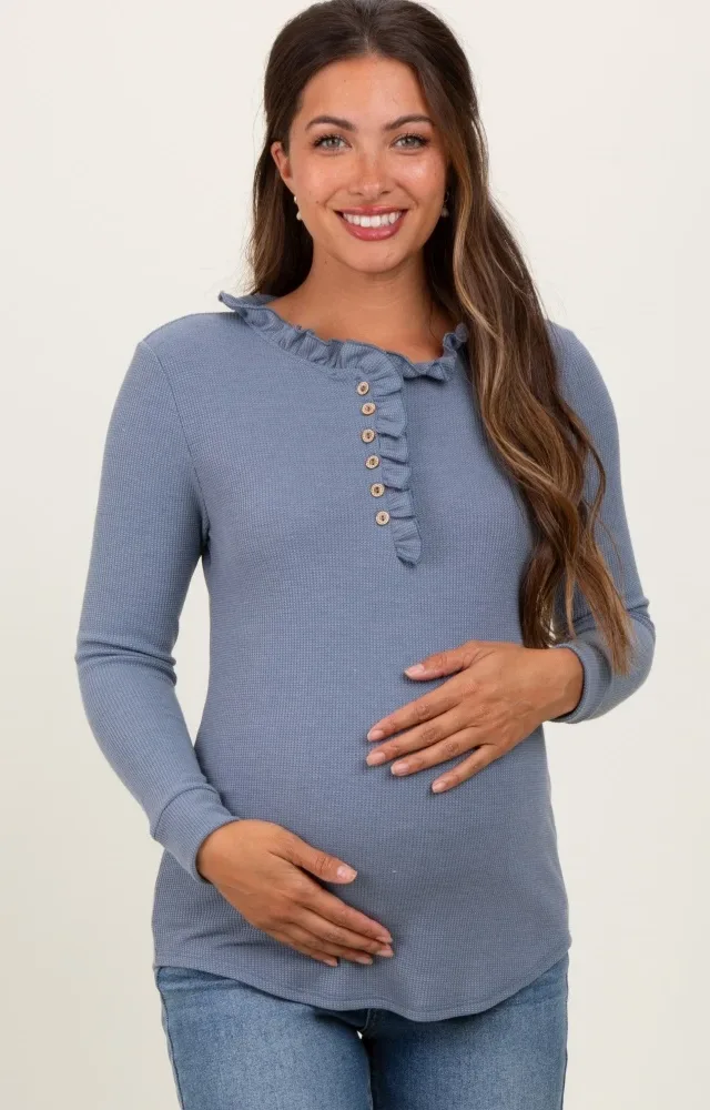 Blue Ruffle Collar Micro Waffle Knit Maternity Henley Top