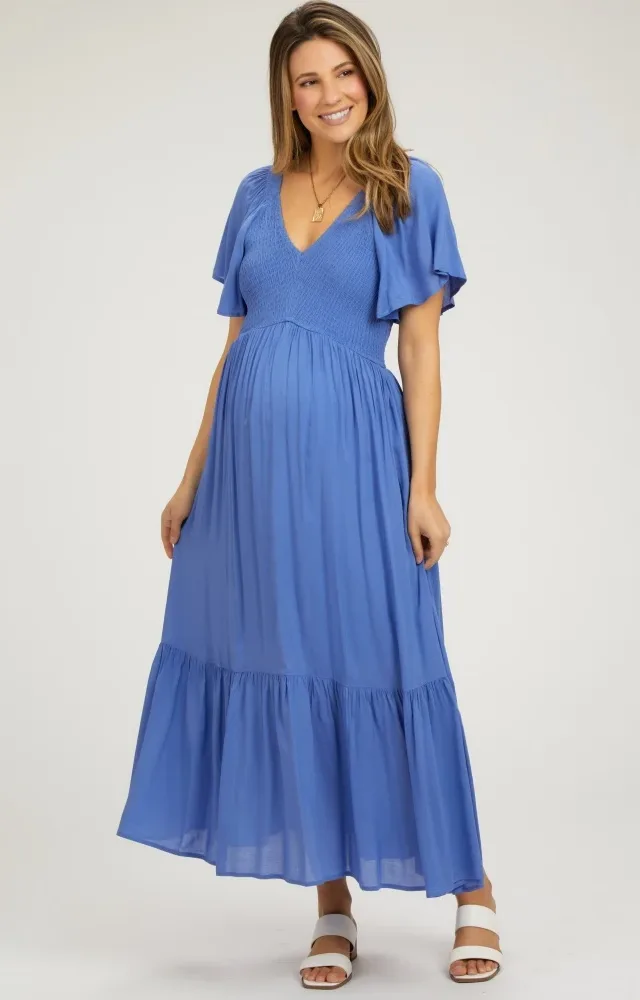 Blue Smocked Flutter Sleeve Maternity Midi Dress