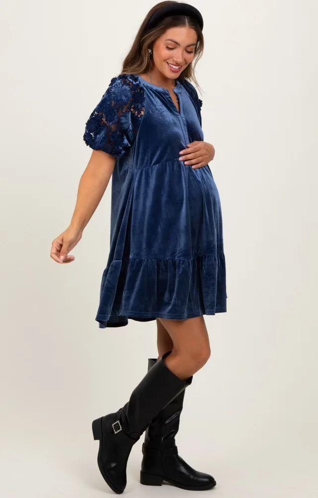 Blue Velvet Floral Lace Short Sleeve Maternity Dress