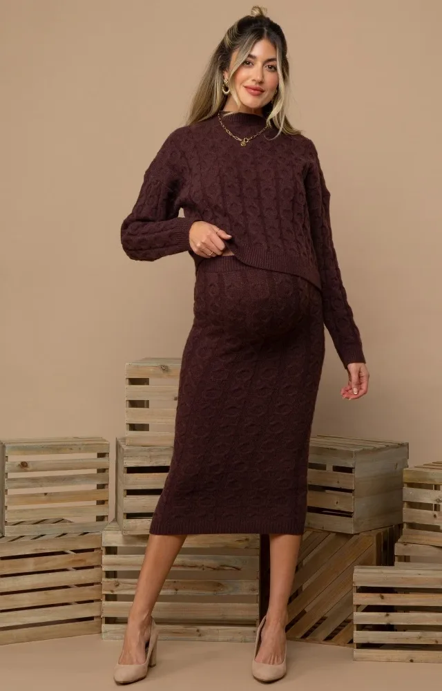 Brown Cable Knit Cropped Sweater Midi Skirt Maternity Set