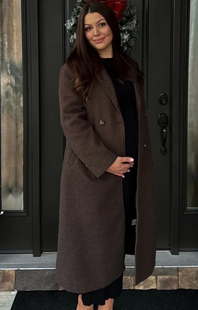 Brown Felted Double Breasted Lapel Maternity Button Coat