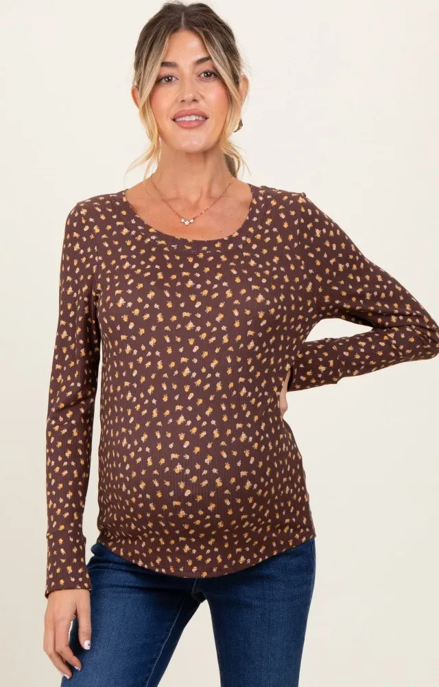 Brown Floral Ribbed Long Sleeve Maternity Top