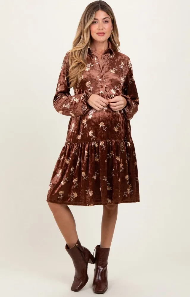 Brown Floral Velvet Button Down Maternity Midi Dress