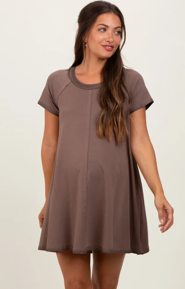 Brown French Terry Basic Short Sleeve Maternity Mini Dress