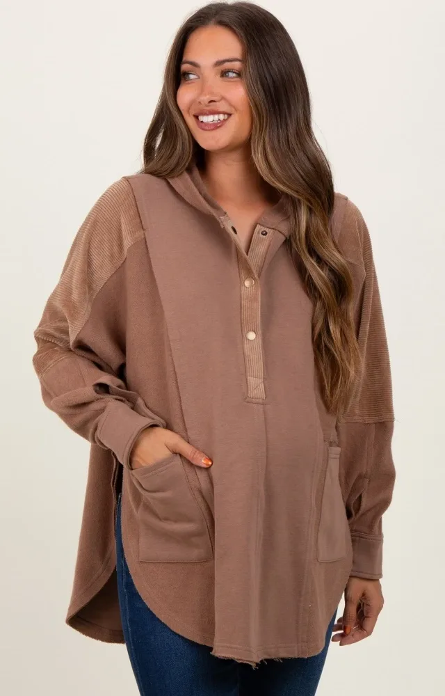 Brown French Terry Dolman Sleeve Maternity Hooded Pullover