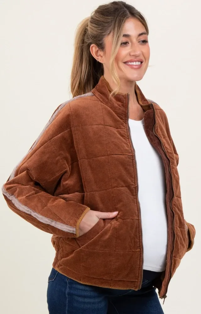 Brown Quilted Corduroy Maternity Puffer Jacket