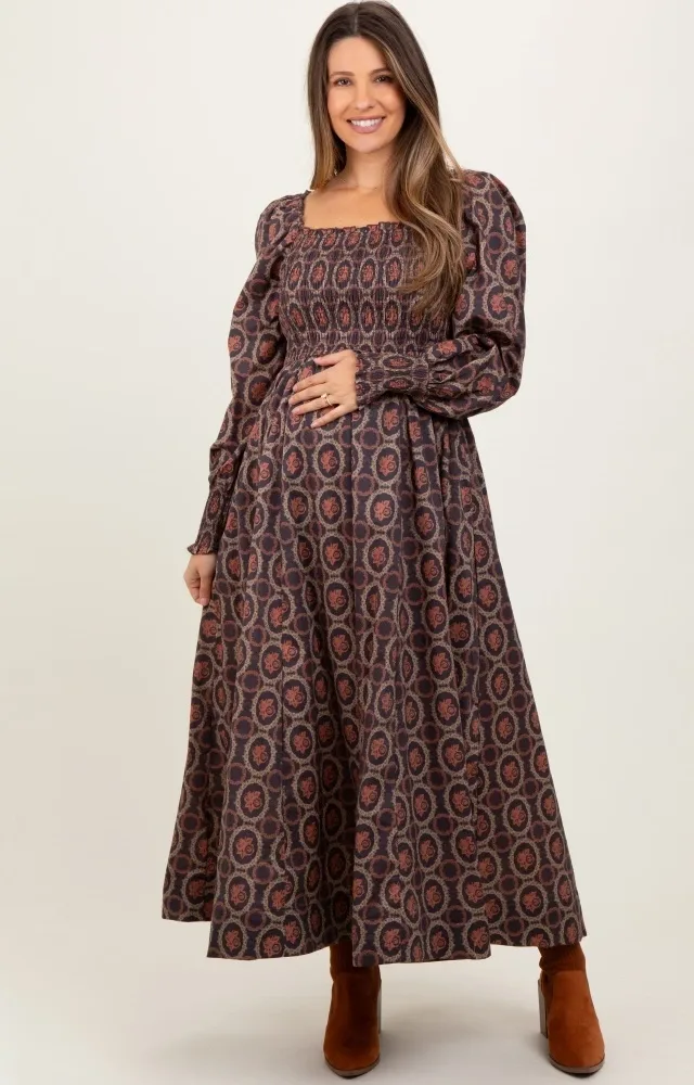 Brown Smocked Printed Square Neck Maternity Maxi Dress