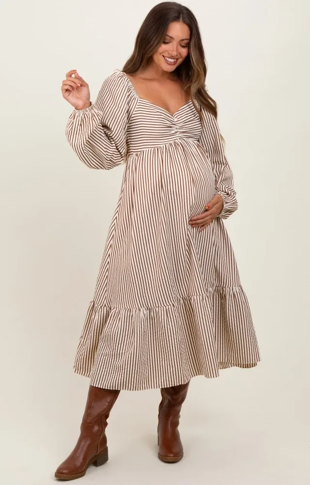 Brown Striped Ruched Bodice Balloon Sleeved Maternity Midi Dress