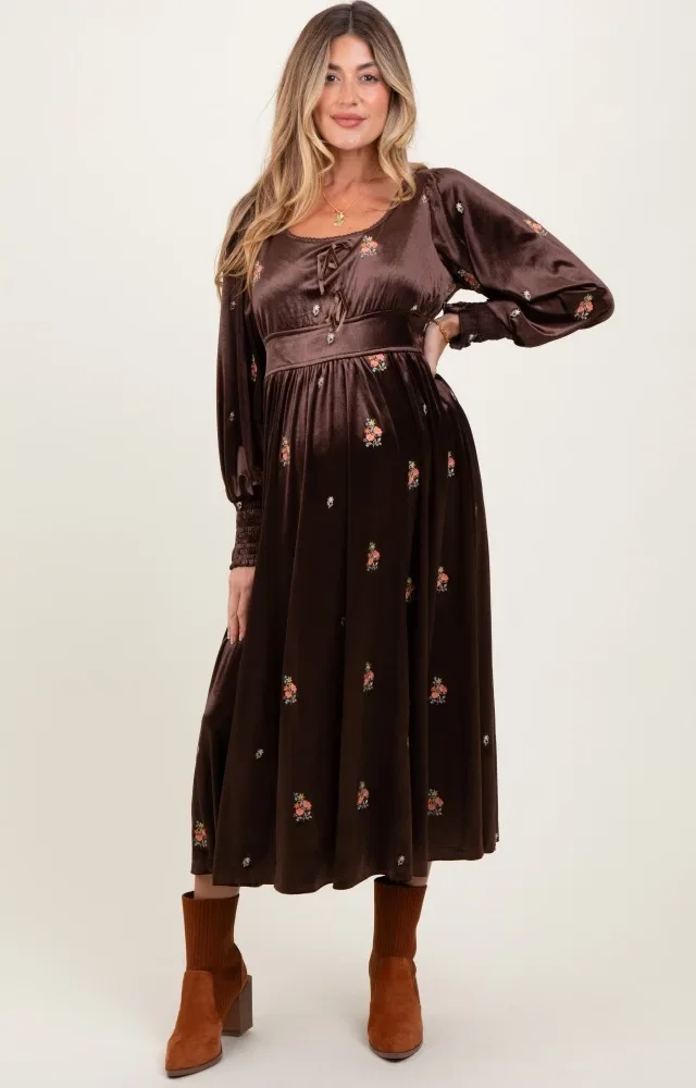 Brown Velvet Embroidered Floral Maternity Midi Dress