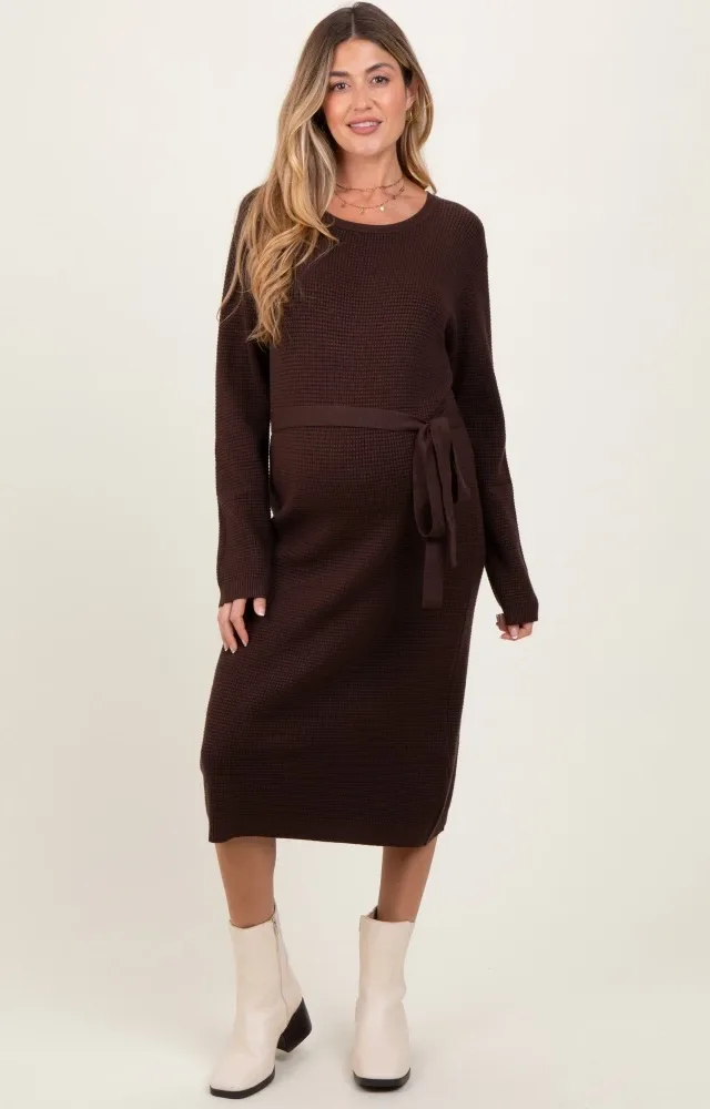 Brown Waffle Knit Sash Tie Maternity Midi Sweater Dress