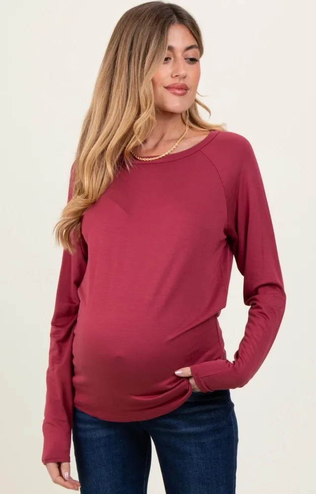 Burgundy Basic Boatneck Maternity Long Sleeve Top