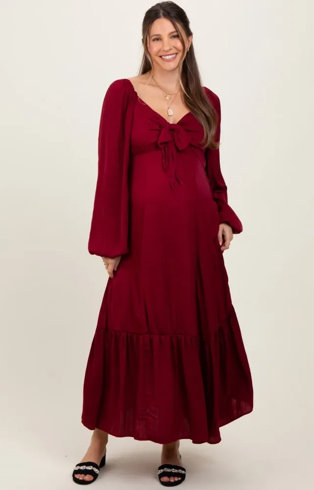 Burgundy Bow Satin Maternity Maxi Dress