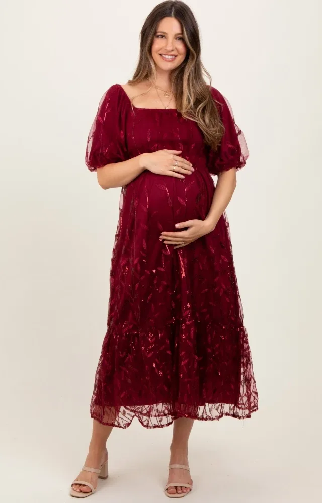 Burgundy Embroidered Sequin Detail Mesh Overlay Maternity Maxi Dress