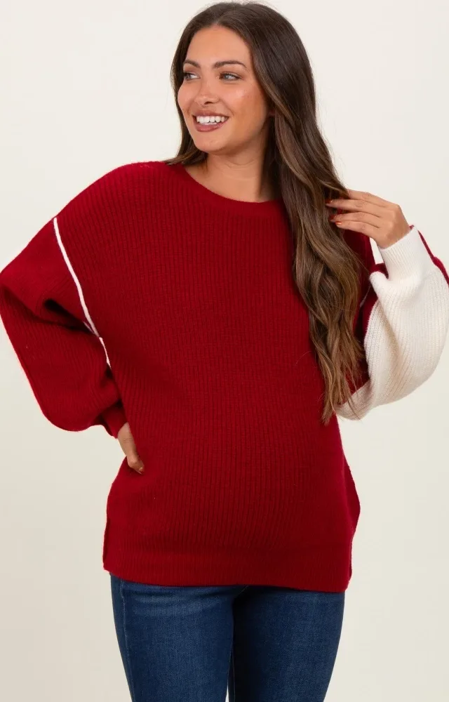 Burgundy Ivory Colorblock Oversized Maternity Sweater