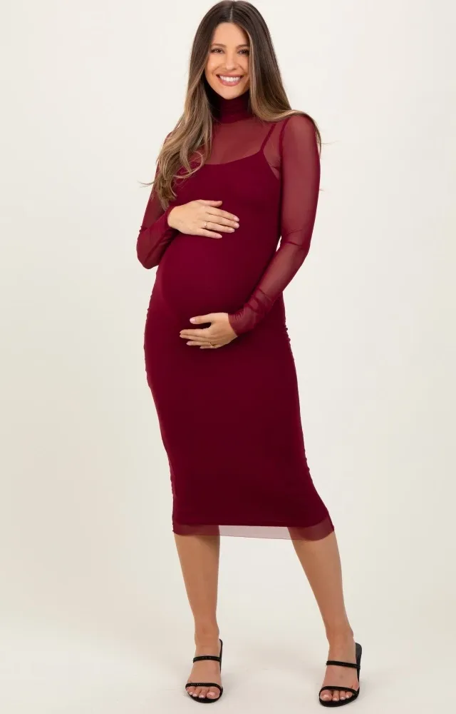 Burgundy Mesh Overlay Fitted Maternity Midi Dress