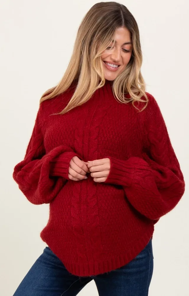 Burgundy Mixed Chunky Cable Knit Mock Neck Maternity Sweater