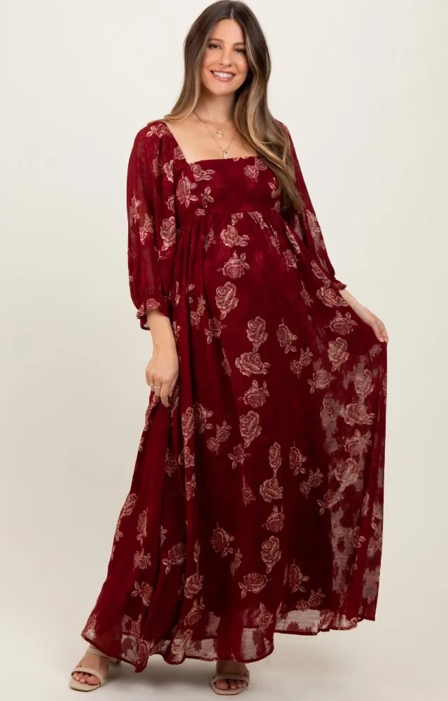 Burgundy Multi Floral Textured Peasant Babydoll Maxi Dress