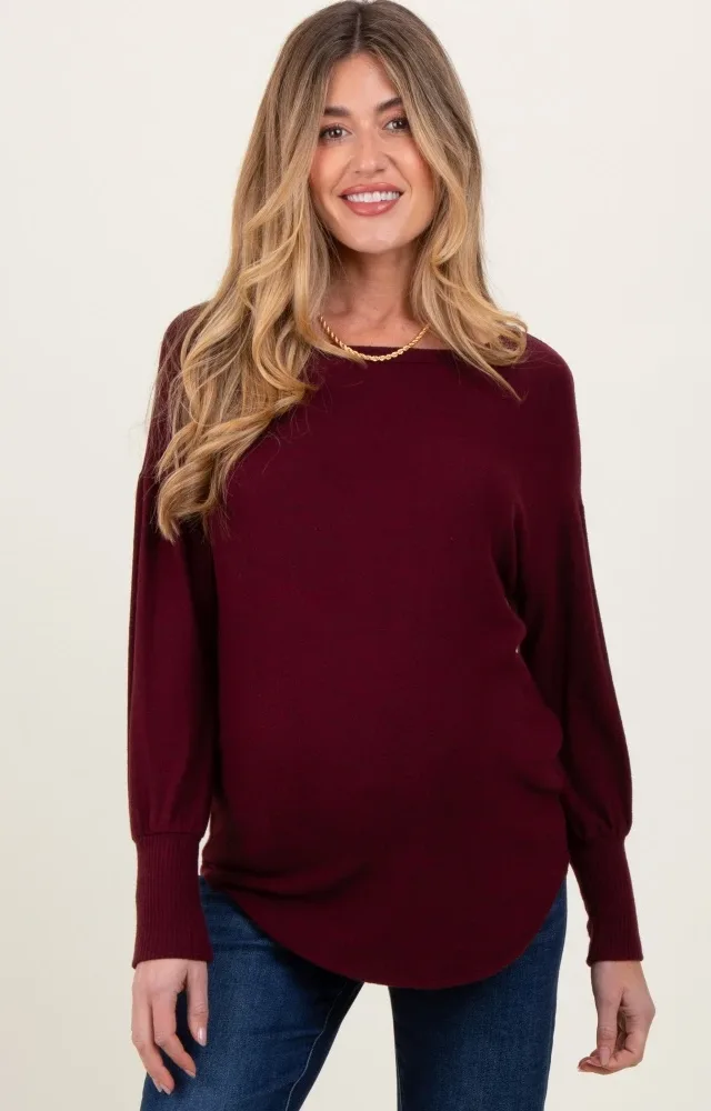 Burgundy Premium Basic Cuffed Loose Fit Maternity Top