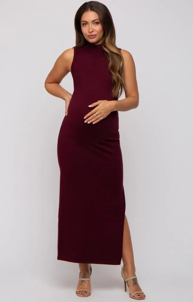 Burgundy Sleeveless Mock Neck Maternity Midi Dress