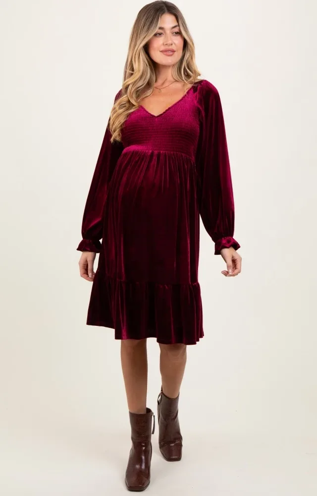 Burgundy Velvet Smocked Maternity Long Sleeve Dress