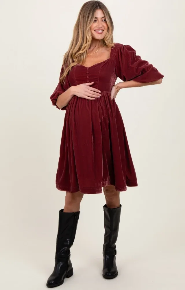 Burgundy Velvet Sweetheart Button Accent Maternity Dress