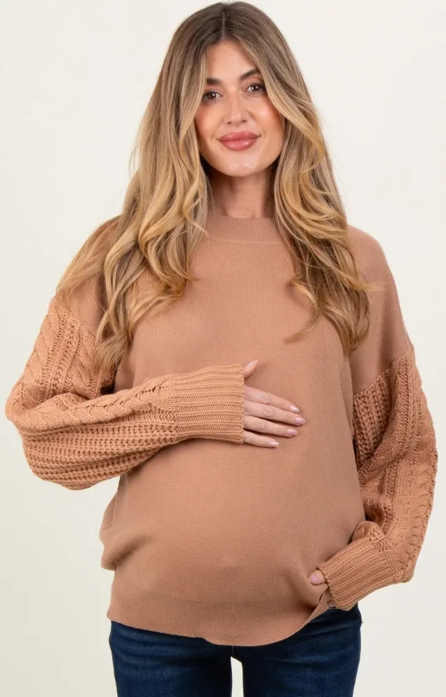 Camel Contrast Knit Sleeve Maternity Sweater