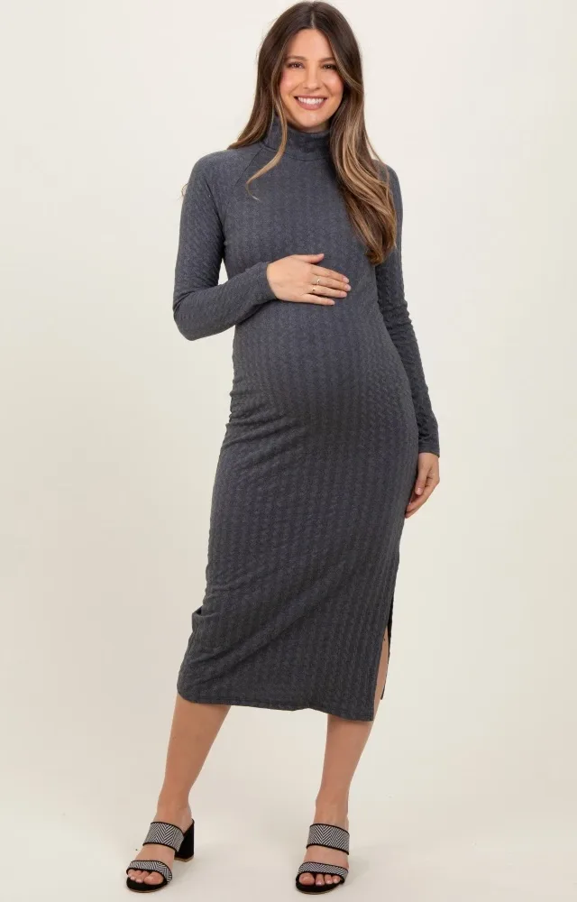 Charcoal Cable Knit Turtleneck Maternity Midi Sweater Dress