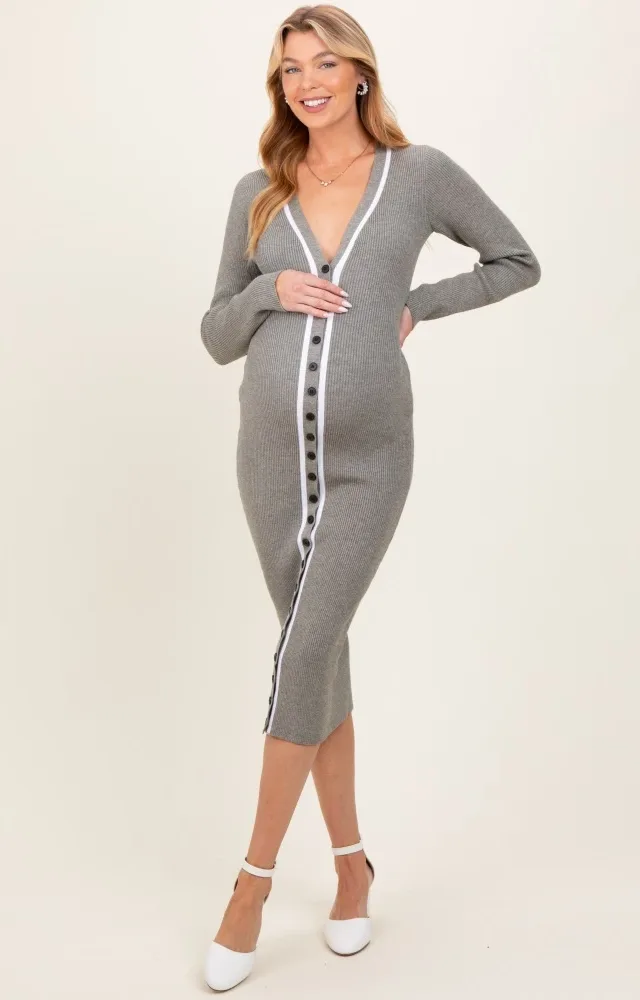 Charcoal Knit Contrast Stripe Button Down Maternity Dress