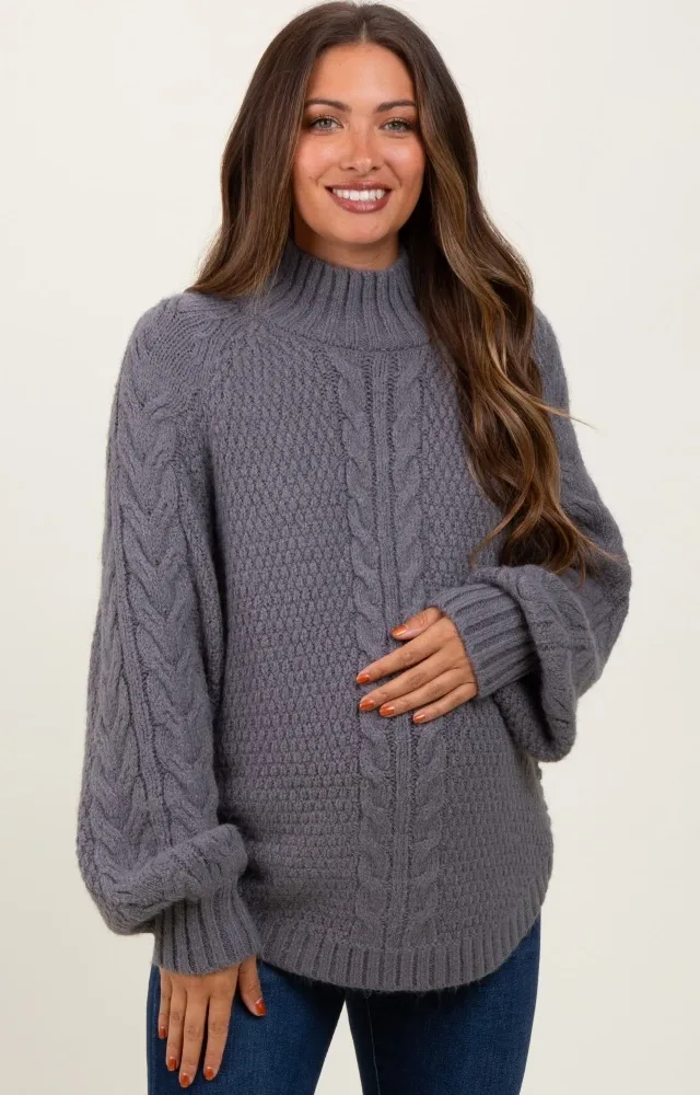 Charcoal Mixed Chunky Cable Knit Mock Neck Maternity Sweater