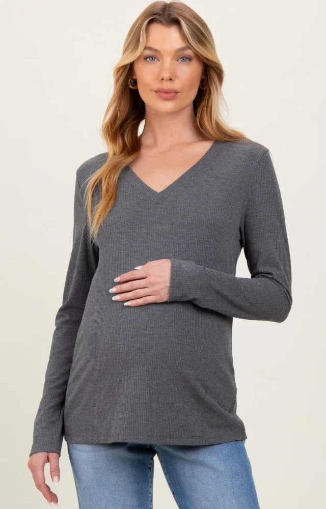 Charcoal Ribbed Knit V-Neck Maternity Long Sleeve Top