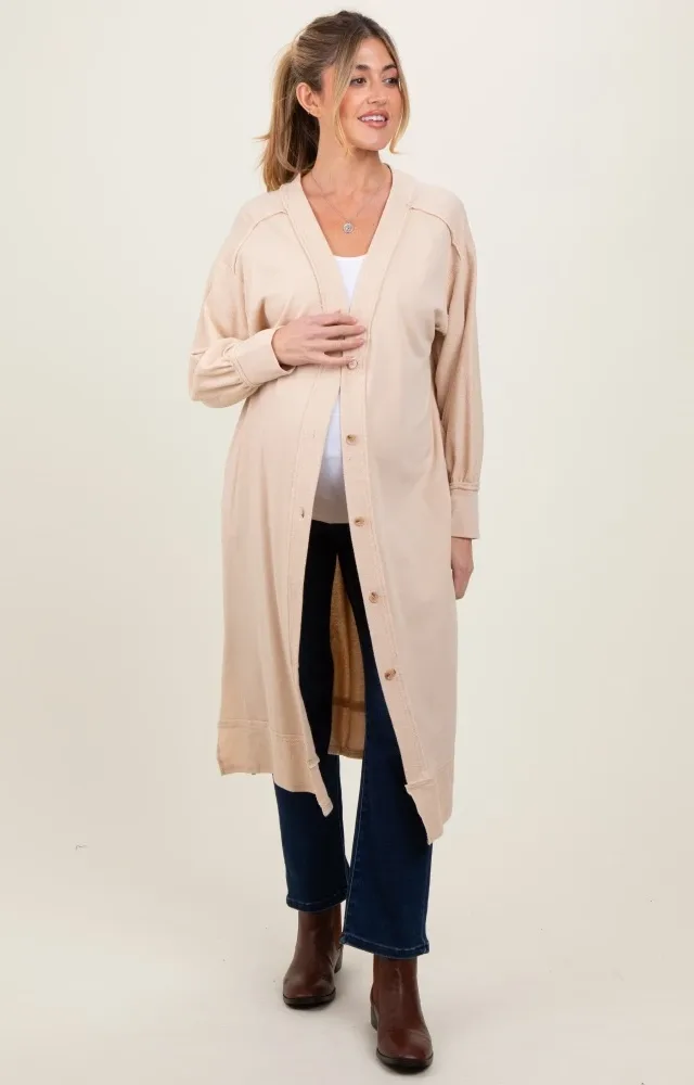 Cream Button Down Long Maternity Cardigan