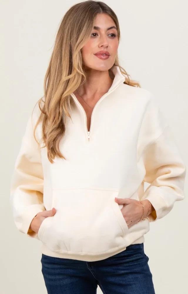 Cream Fleece Oversized Half Zip Maternity Pullover