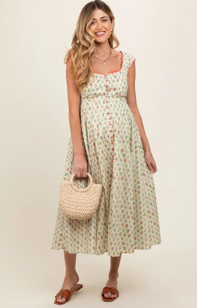 Cream Floral Button Front Sleeveless Maternity Maxi Dress