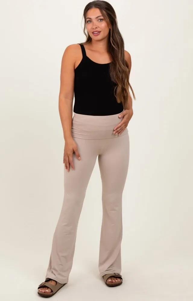 Cream Fold Over Waistband Maternity Flared Pants