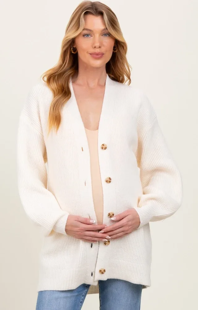 Cream Knit Oversized Button Down V-Neck Maternity Cardigan