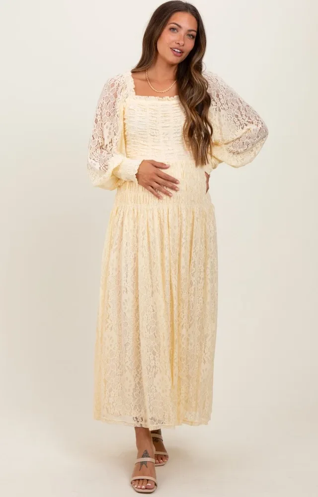 Cream Lace Smocked Bubble Sleeve Maternity Maxi Dress