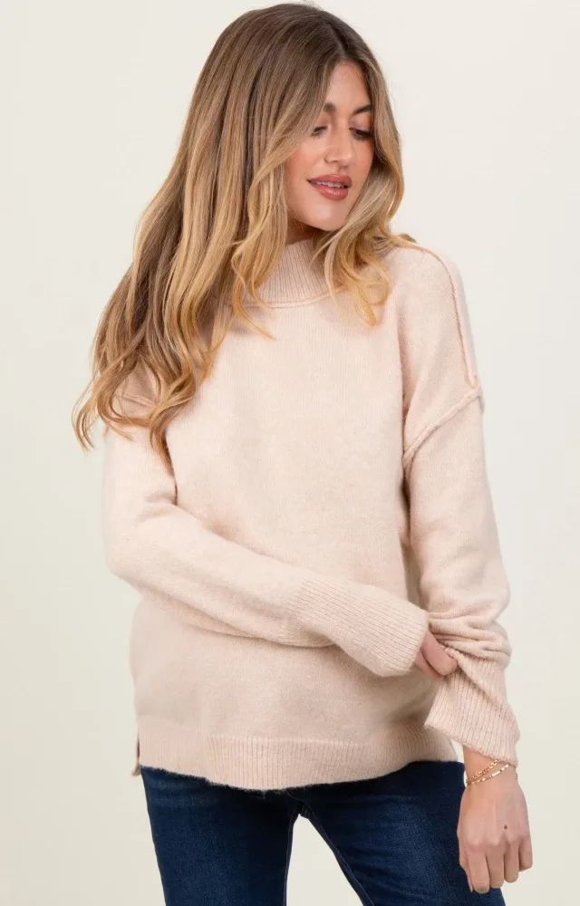 Cream Mock Neck Contrast Seam Maternity Sweater